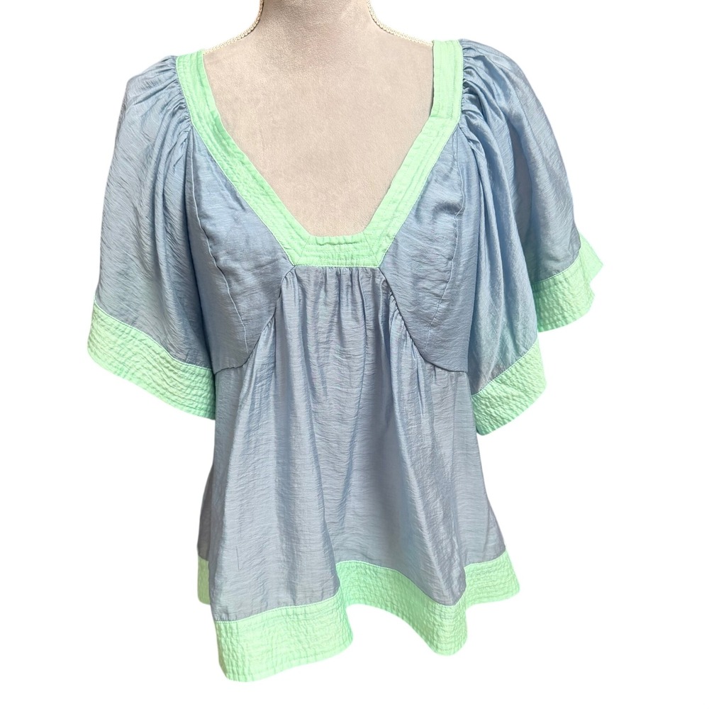 Anthropologie Babydoll Blouse Blue Green Sz S Flutter Sleeve Open Back Pastel